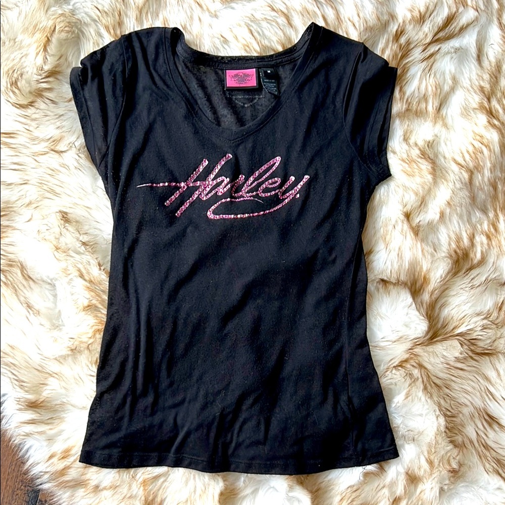 🩷Harley-Davidson Black and Pink Cap Sleeve Tee